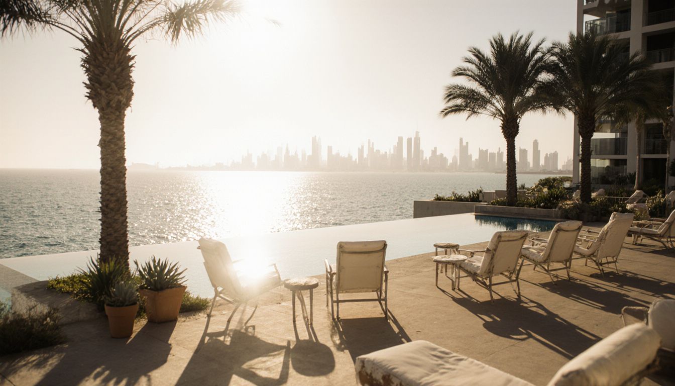 A beachfront terrace overlooks the Persian Gulf with outdoor seating. A beachfront terrace overlooks the Persian Gulf with outdoor seating.