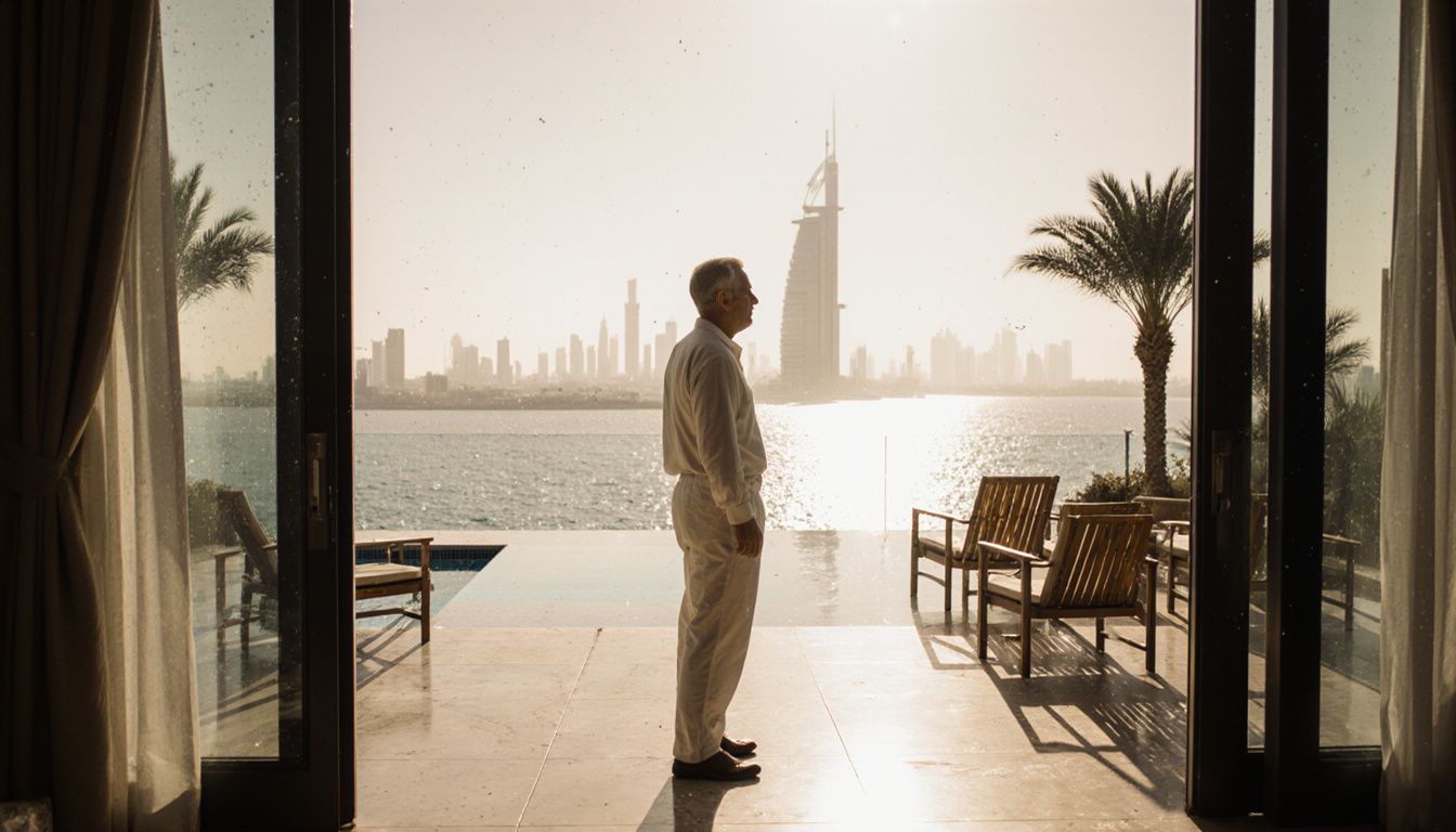 A man enjoys a serene moment on a luxurious Dubai balcony. A man enjoys a serene moment on a luxurious Dubai balcony.