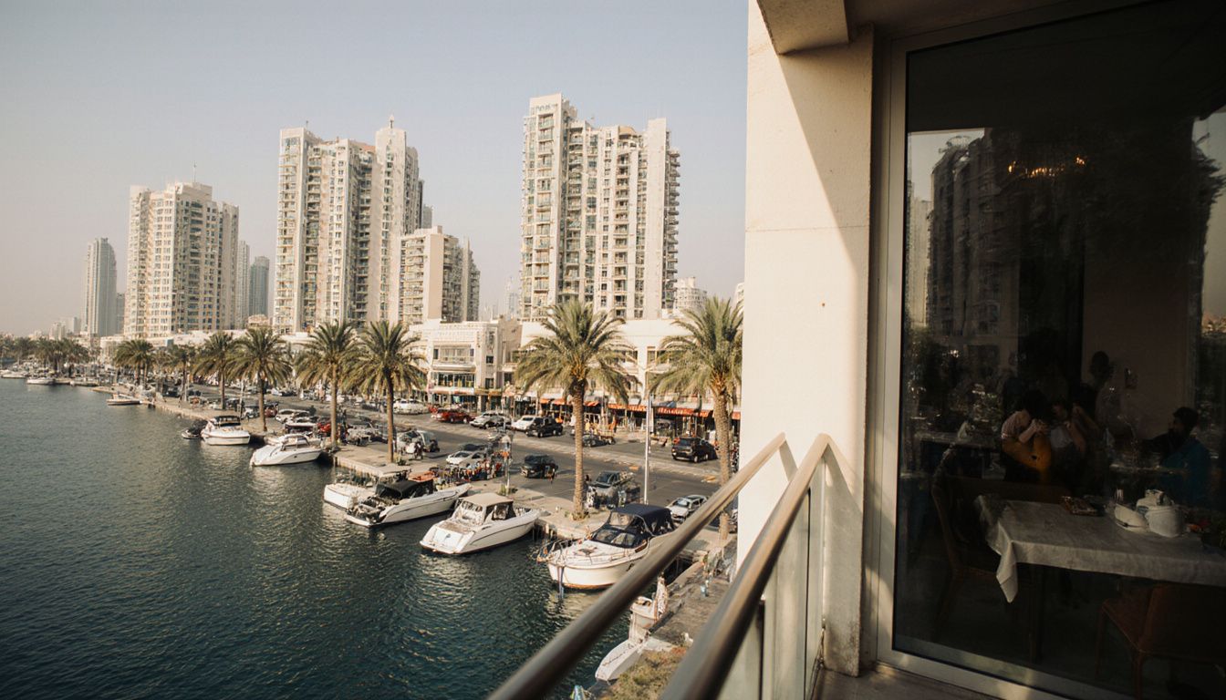 A vibrant Dubai Marina view showcasing luxury boats and upscale apartments. A vibrant Dubai Marina view showcasing luxury boats and upscale apartments.