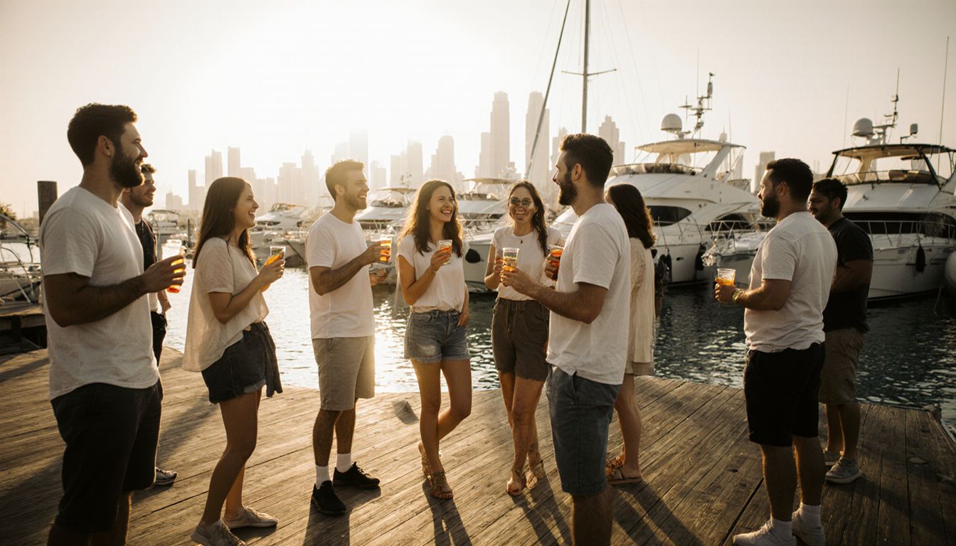 Group of friends chatting and relaxing on a Dubai dock. Group of friends chatting and relaxing on a Dubai dock.