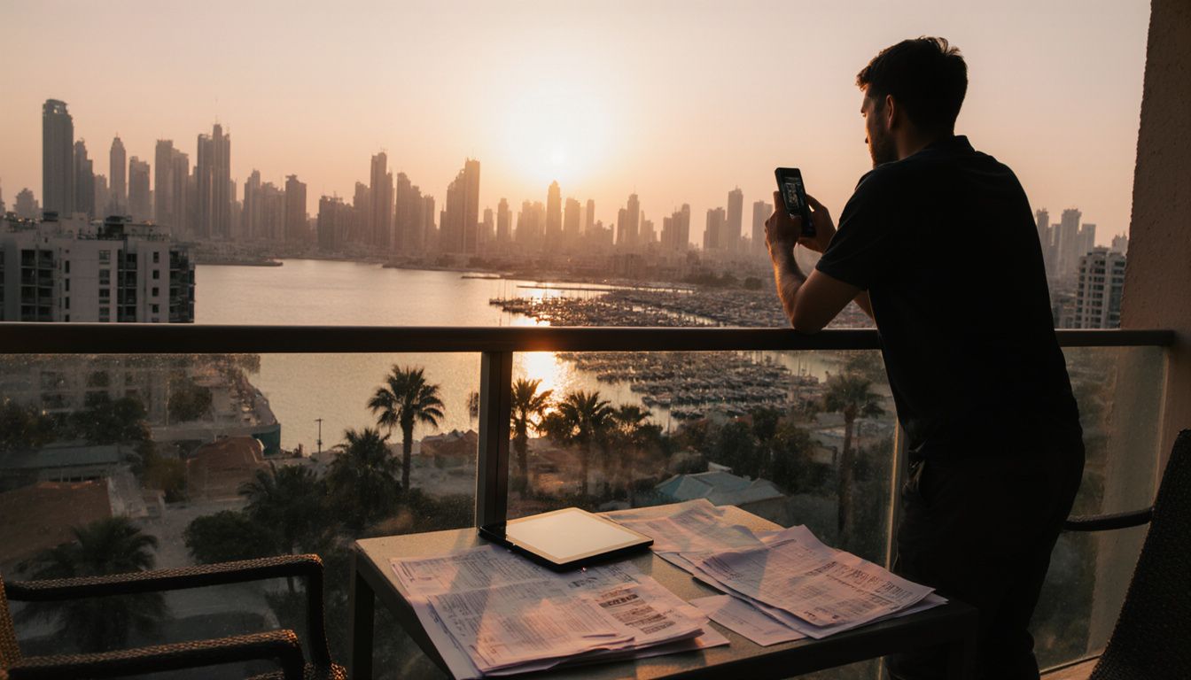Person on balcony overlooking a sunset cityscape, managing work documents. Person on balcony overlooking a sunset cityscape, managing work documents.