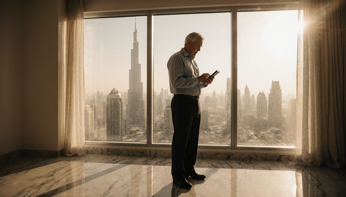 A man in his 50s checks property listings in a Dubai apartment. A man in his 50s checks property listings in a Dubai apartment.